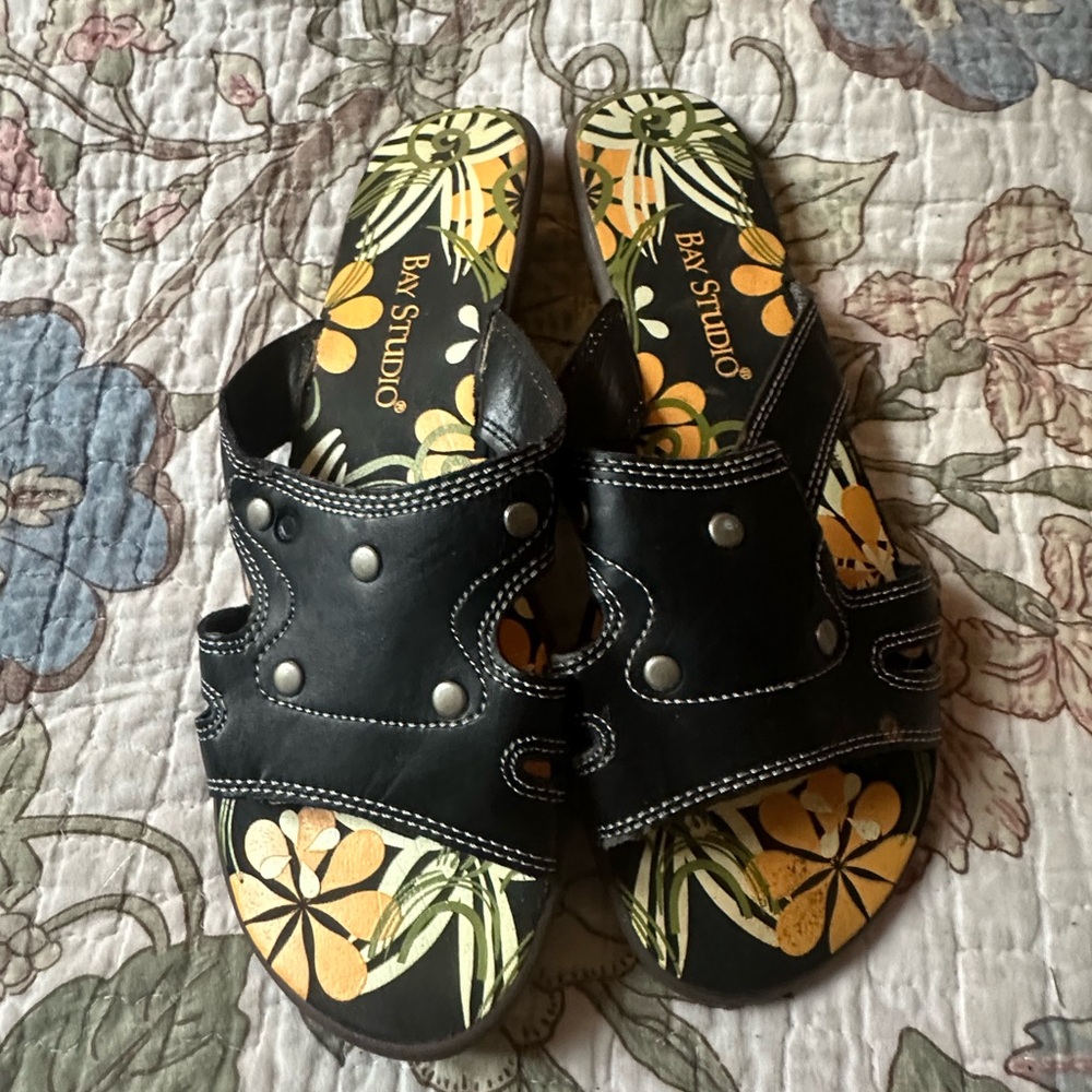 Bay Studio Black Slide Sandals with Yellow Floral Insole